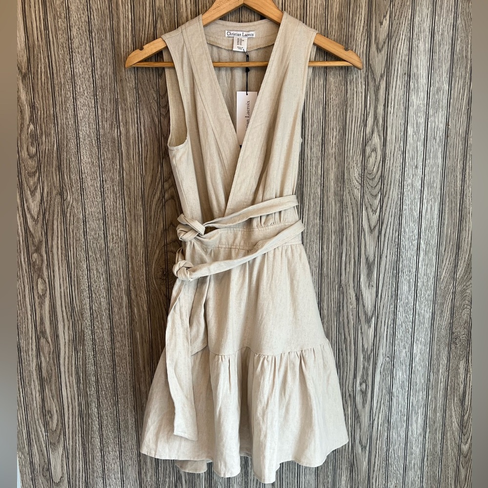 NWT Christian Lacroix Cream Tan Linen V-Neck Sleeveless Wrap Tiered Midi Dress